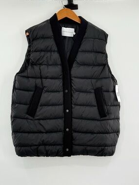 Rebecca Minkoff Quilted Twill Puffer Vest Black XL Snap Front Longline NWT